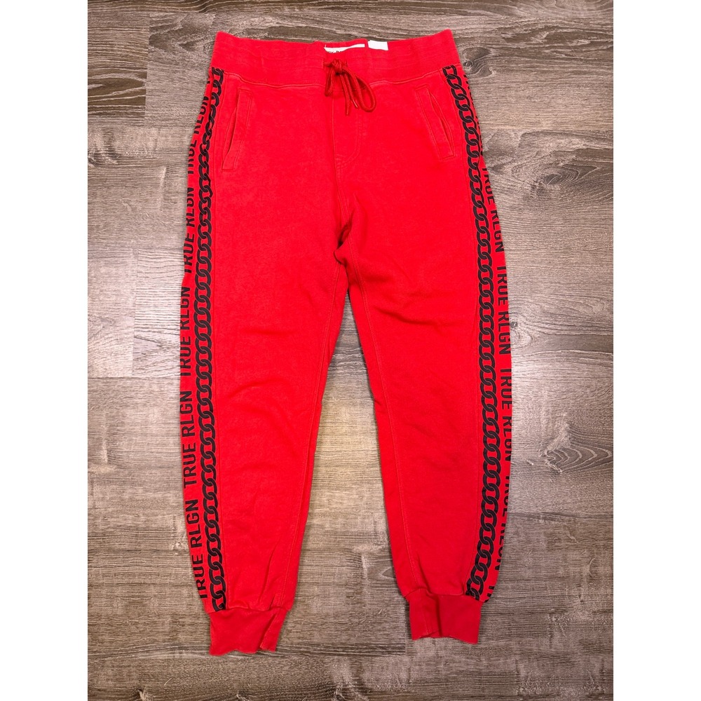 True Religion Mens Joggers Medium Red Chain Link Graphic Sweatpants